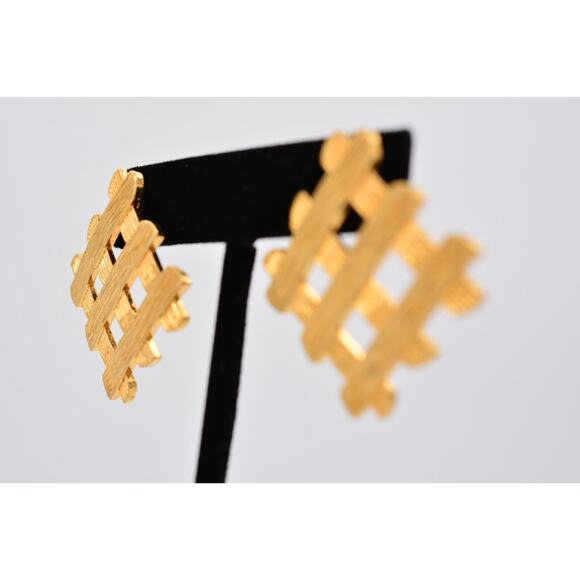 Vintage Dangle Weaved Earrings Brushed Shiny Gold Textured Chunky 1980s BinAY - Picture 3 of 12